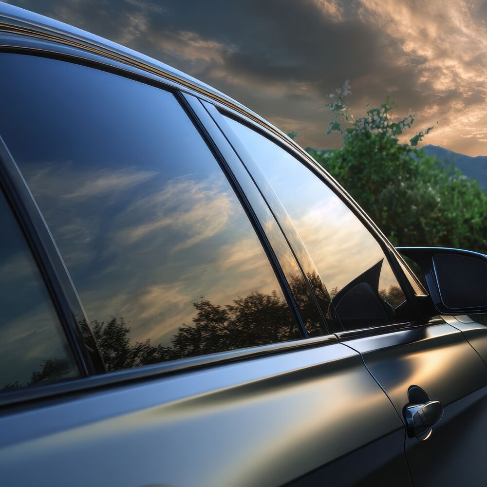 A 4K photo of side view of car window tint, ceramic film provides heat rejection and UV protection.